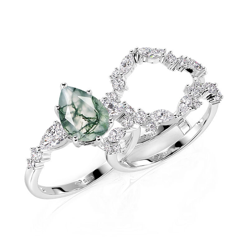 Jeulia Olivetta Juego de Anillos Corte Pera de Ágata Musgo