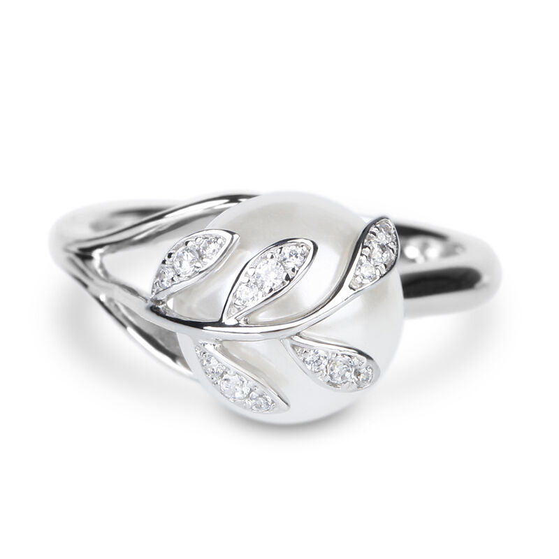 Jeulia Leaf Design Faux Pearl Sterling Silver Ring