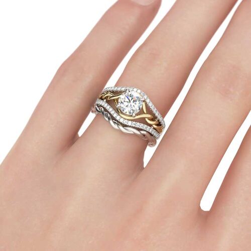 Jeulia Two Tone Braid Round Cut Sterling Silver Ring Set