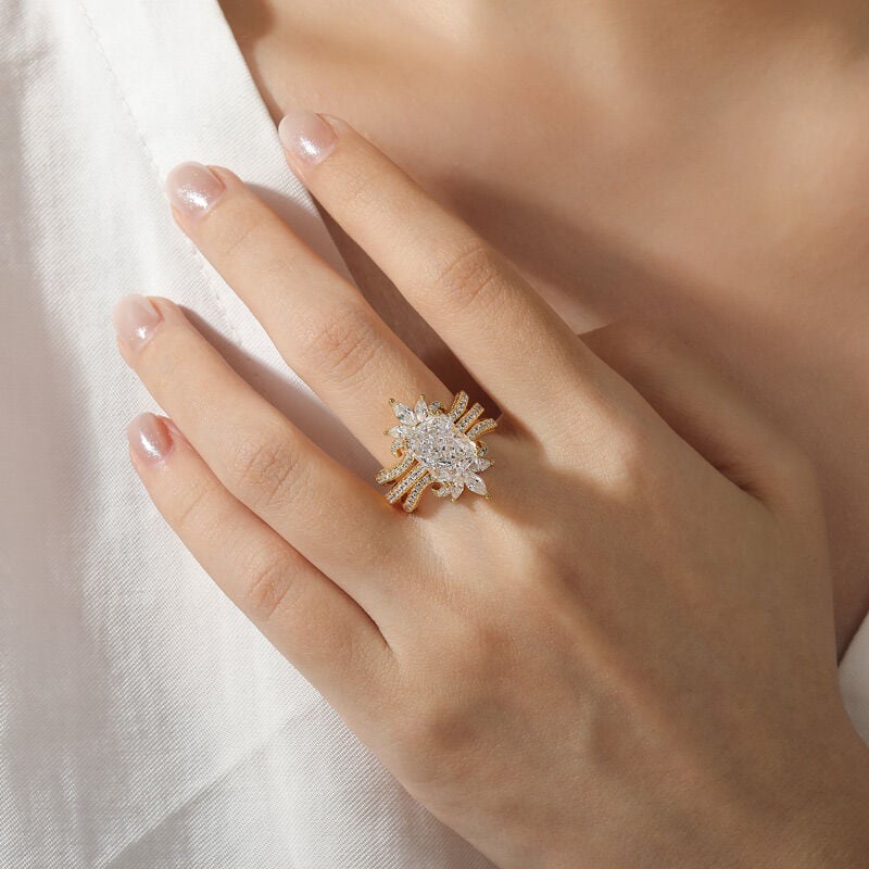 Jeulia Radiant Cut Bridal Ring Set with Symmetrical Leaf Design Enhancer