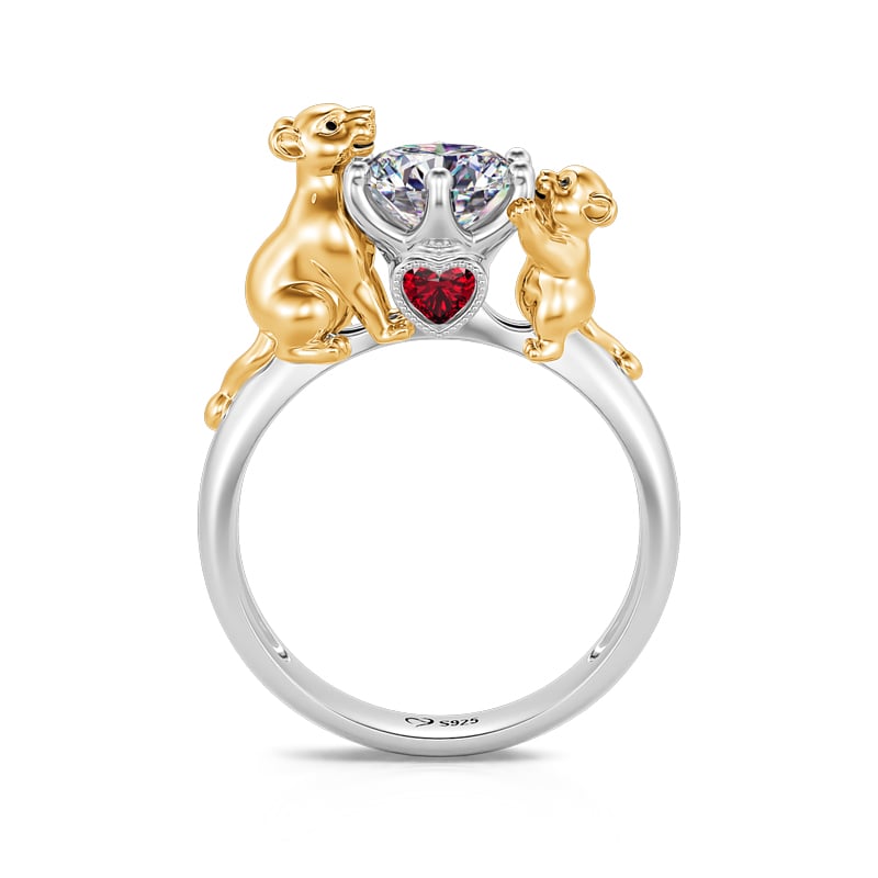 Jeulia Hug Me "Mother's Protection" Mom and Baby Lion Round Cut Sterling Silver Ring