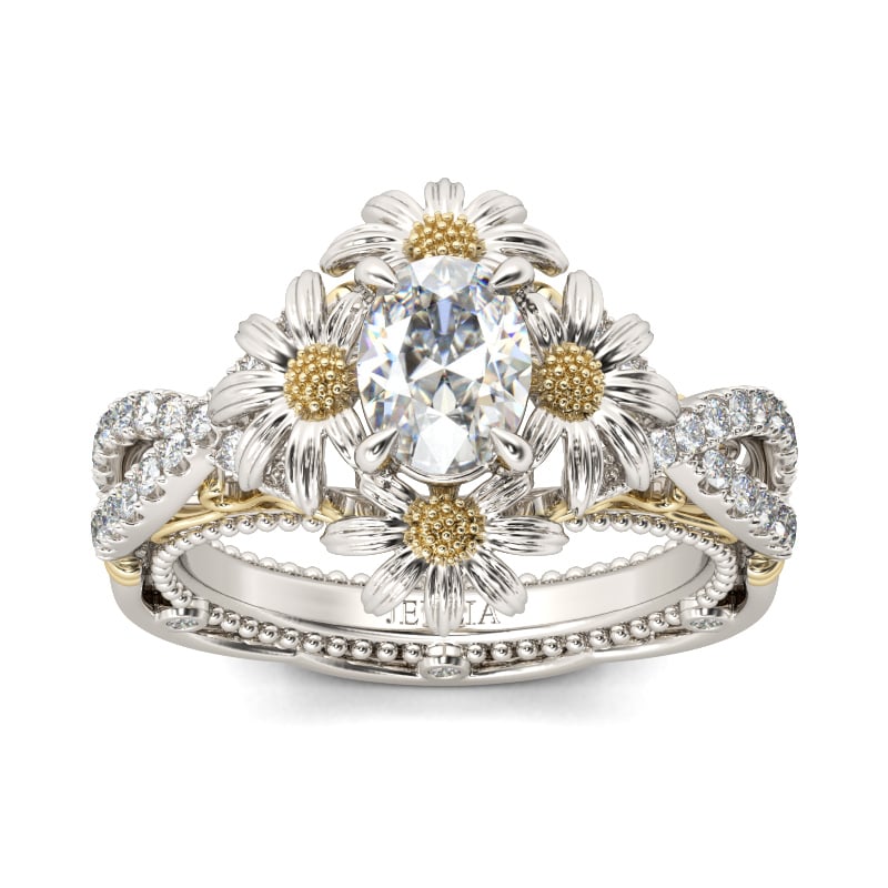 Jeulia Two Tone Daisy Twist Oval Cut Sterling Silver Ring