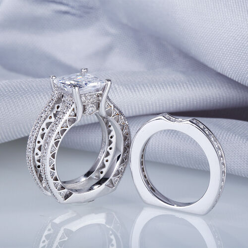 Jeulia Art Deco Interchangeable Princess Cut Sterling Silver Ring Set