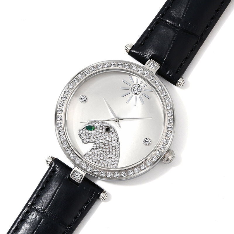 Jeulia "Wild and Free" Leopard Quartz Black Leather Watch with Silver-Tone Dial