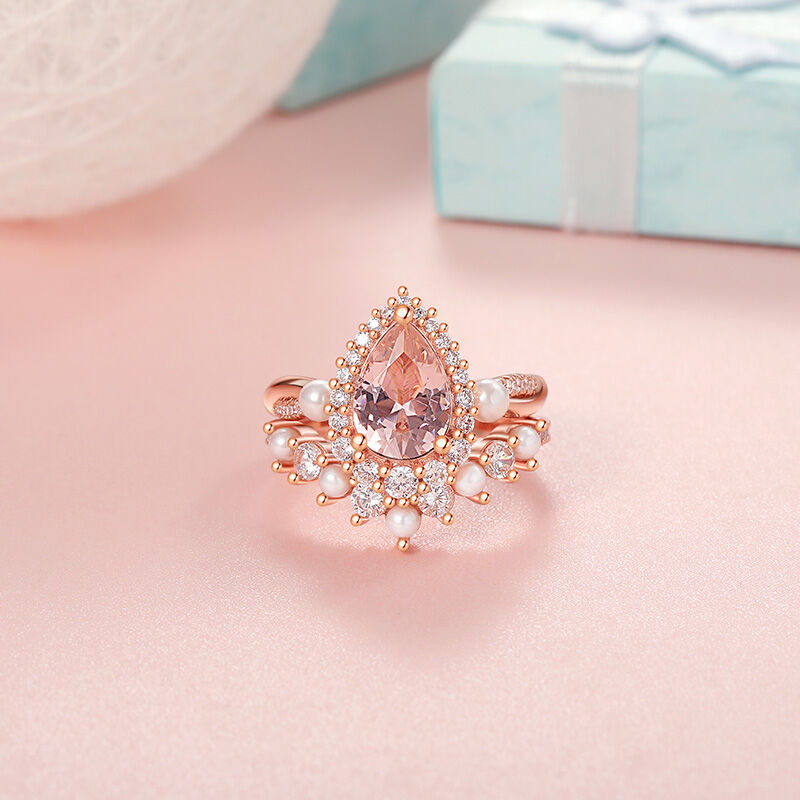 Jeulia Twist Halo Pear Wedding Ring Set Morganite Pearl