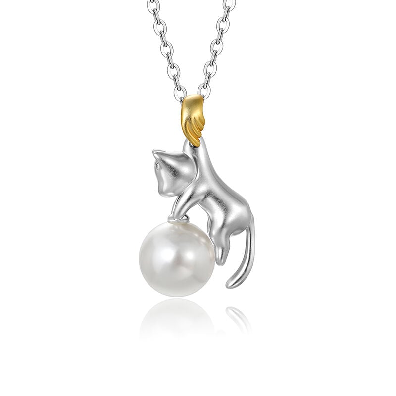 Jeulia Two Tone Pearl Cat Pendant Necklace Sterling Silver