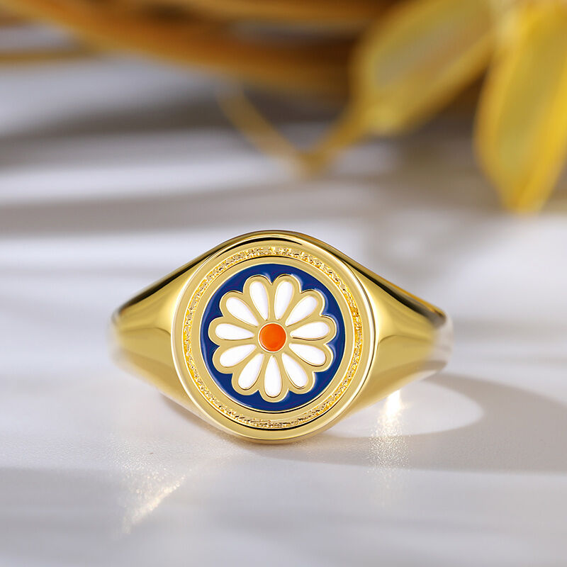 Jeulia Enamel Daisy Signet Sterling Silver Ring