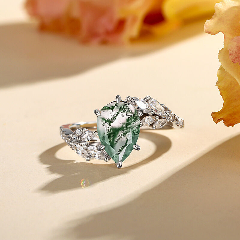 Jeulia Olivetta Bypass Moss Agate Engagement Ring Pear Cut