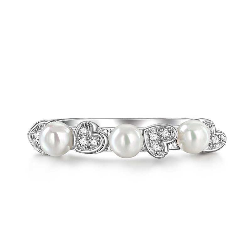 Jeulia "Rolling Heart" White Pearl Women Wedding Band Sterling Silver