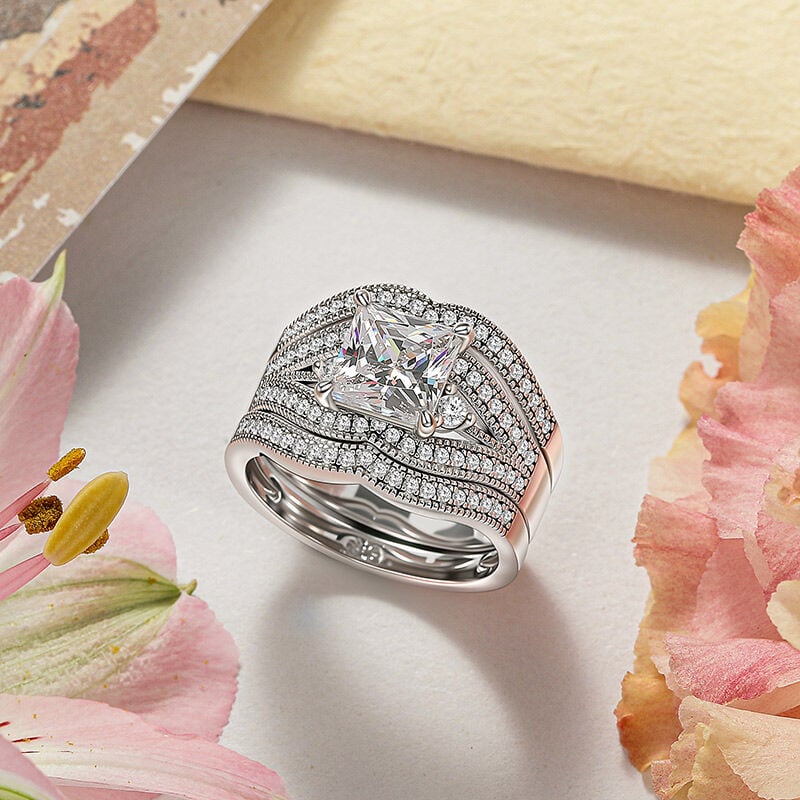 Jeulia Art Deco Princess Cut Bridal Ring Set 3PCS