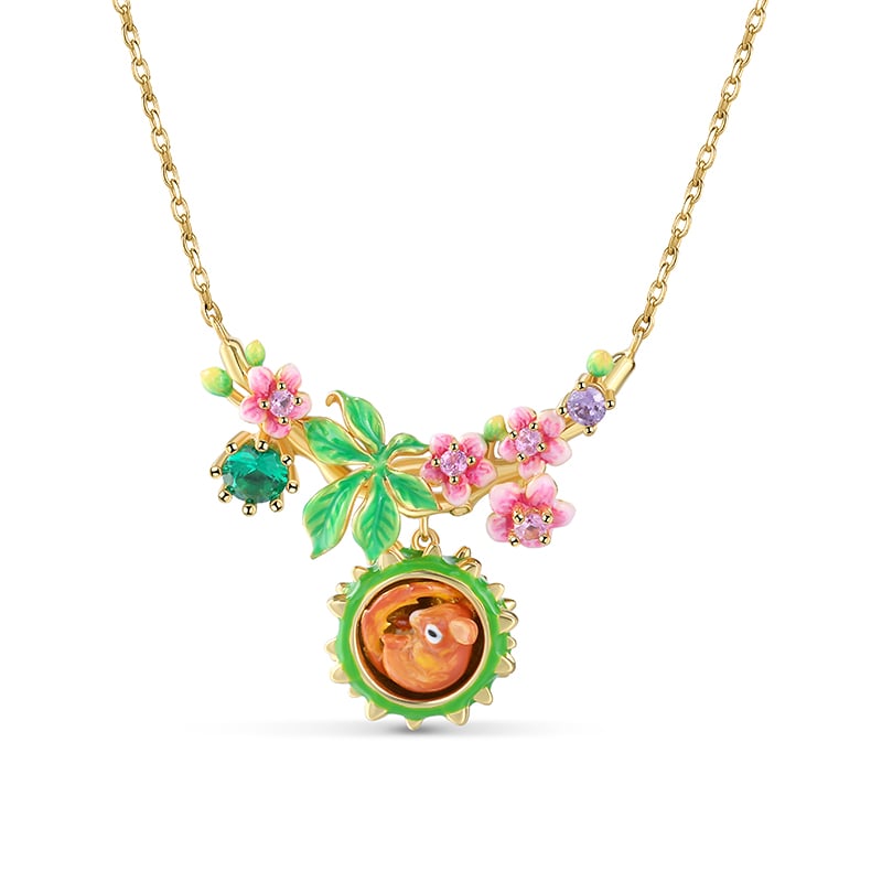 Jeulia "Have Fun" Squirrel with Flower Enamel Sterling Silver Necklace