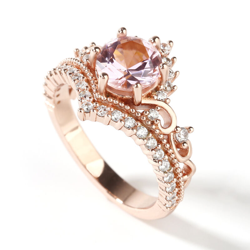 Peach Fuzz-Jeulia Crown Design Round Cut Synthetic Morganite Sterling Silver Ring