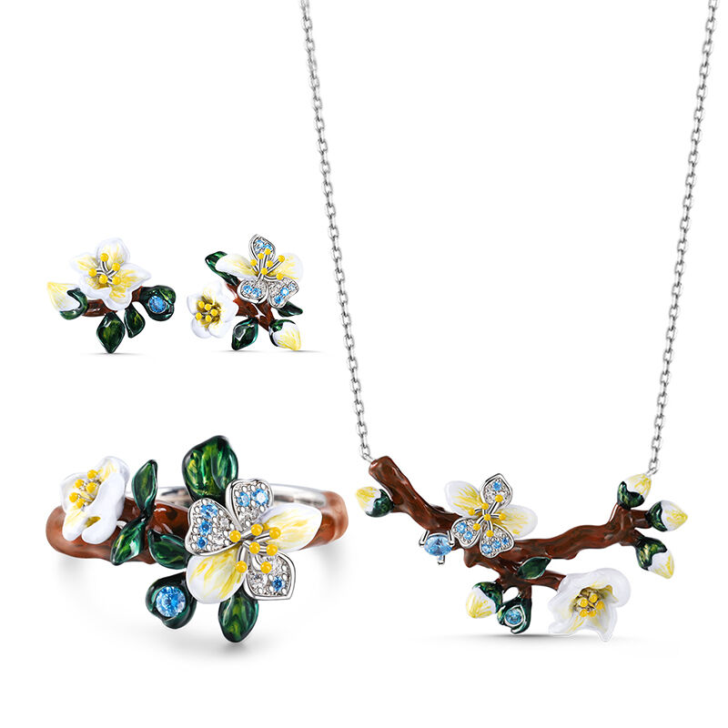 Jeulia "Almond Blossoms" Enamel Sterling Silver Jewelry Set