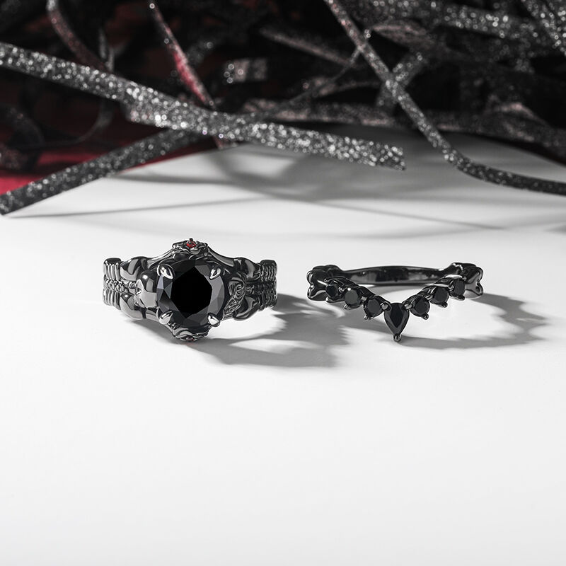 Jeulia Ruby Rose Black Skull Wedding Ring Set Sterling Silver