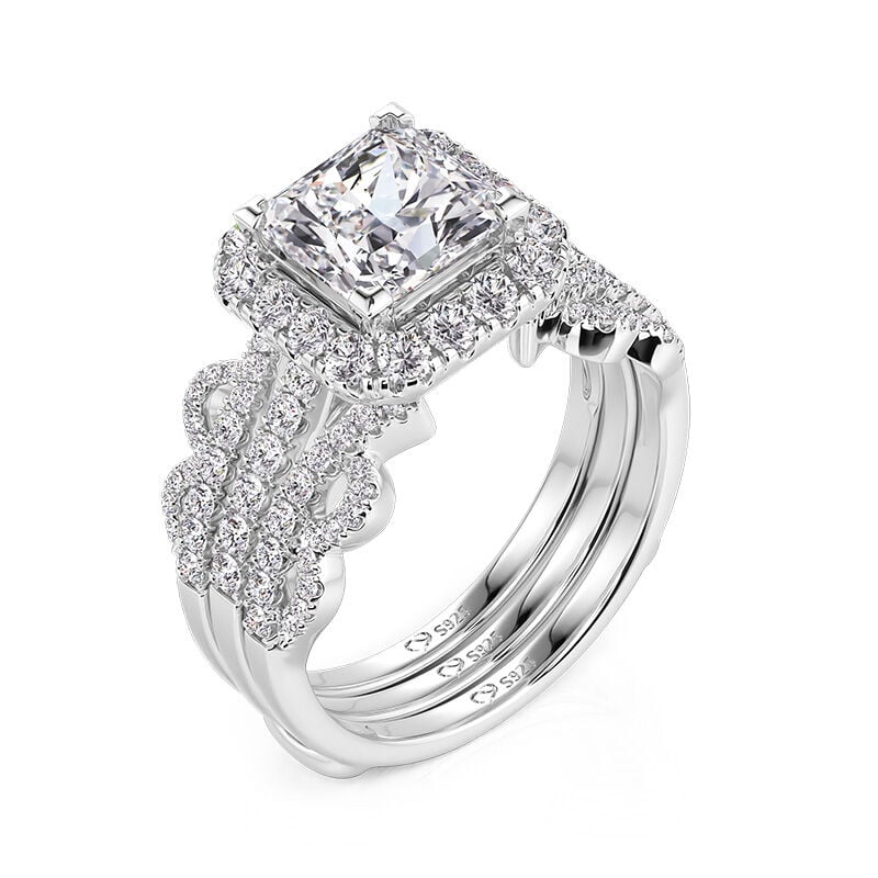 Jeulia Flower Leaf Halo Square Asscher Cut Engagement Ring Set