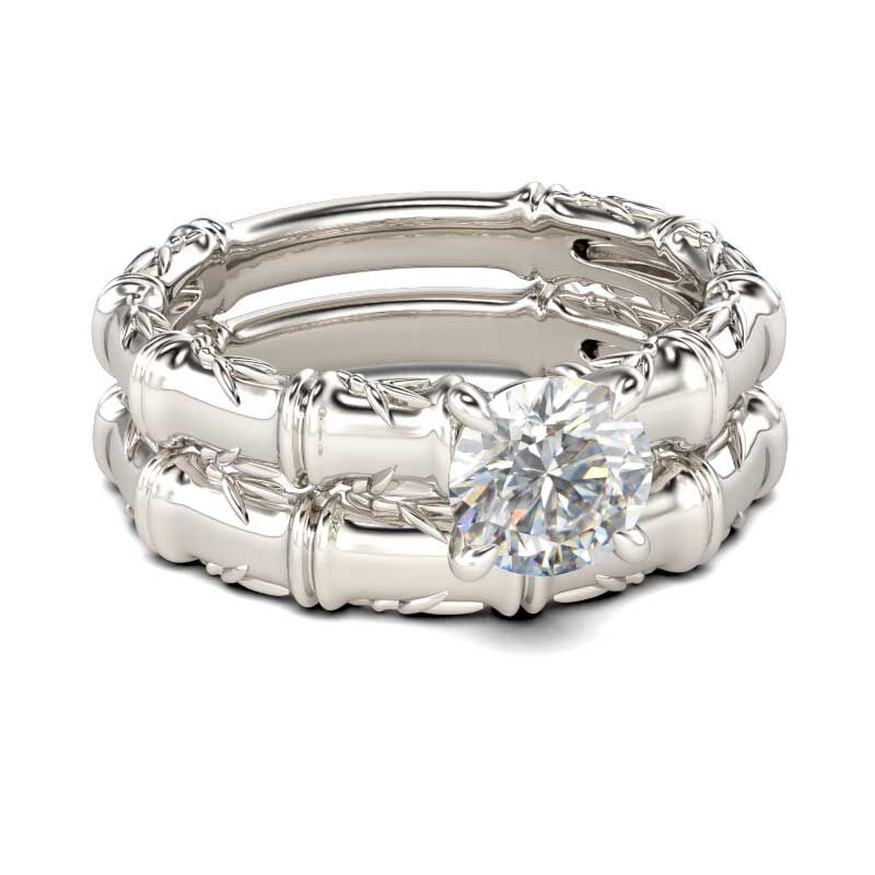 Jeulia Conjunto De Anillos Con Dise?o Bambú De Talla Redonda En Plata De Ley
