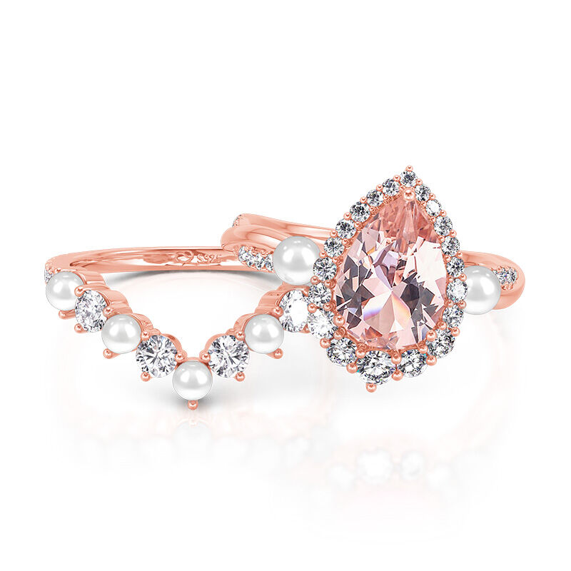 Jeulia Twist Halo Pear Wedding Ring Set Morganite Pearl