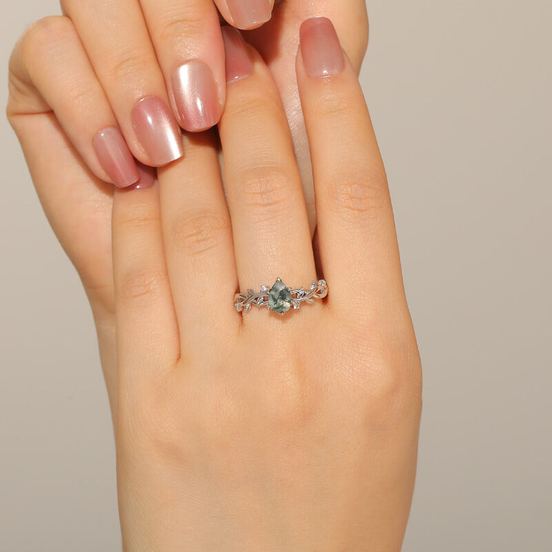 Jeulia Pear Cut Moss Agate Engagement Ring with Vine Leaf