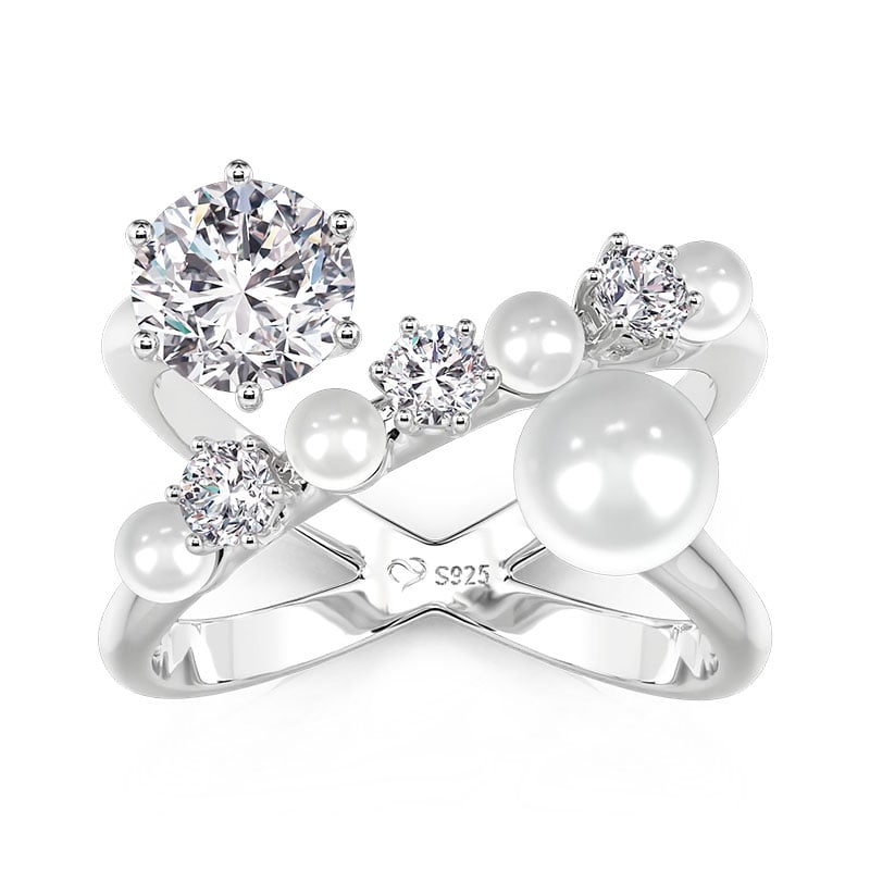 Jeulia Crossover Round Cut Pearl Ring for Women Sterling Silver