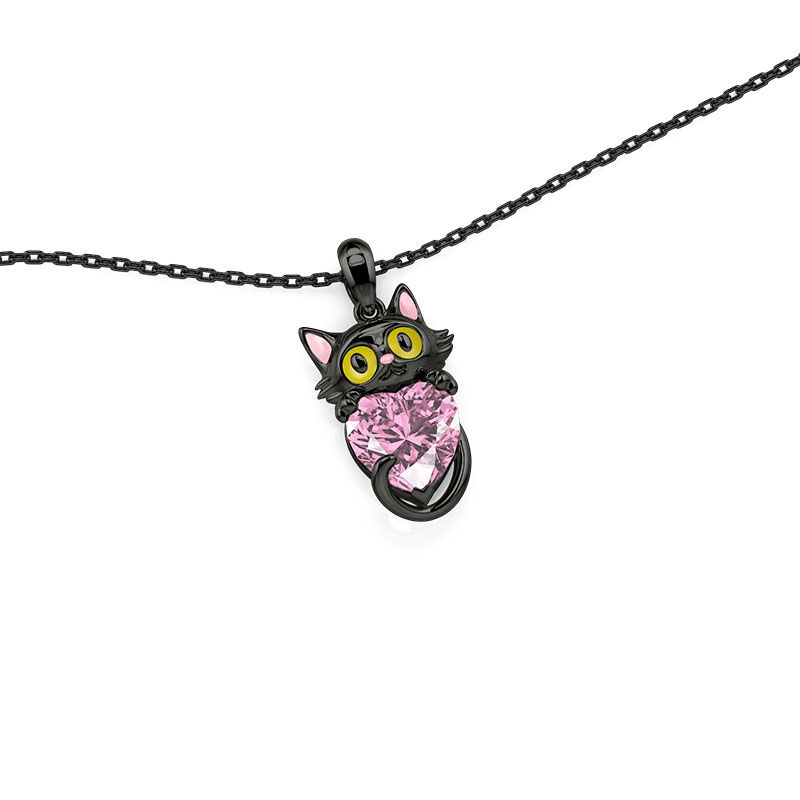 Jeulia Hug Me Custom Birthstone Black Cat Necklace