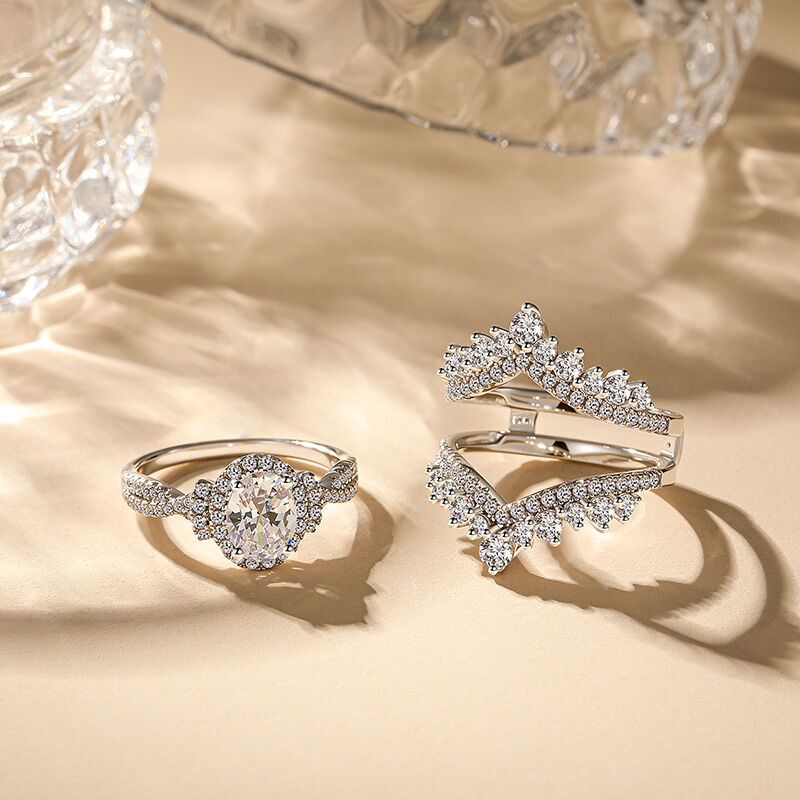 Jeulia Ensemble de Bague de Mariage Ovale Halo Tordu avec Enhanceur en V