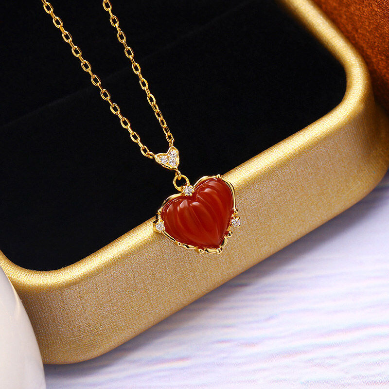 Jeulia “Burning Red” Heart Agate Sterling Silver Necklace