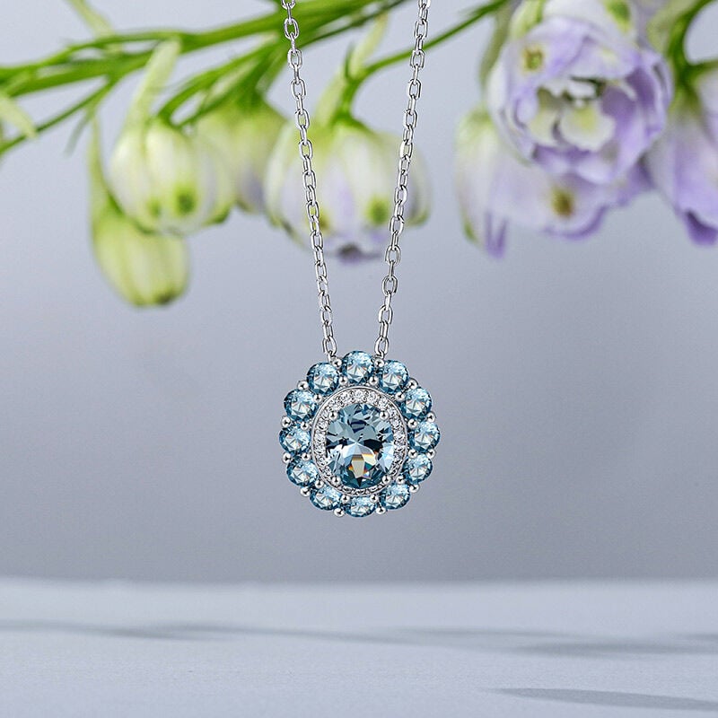 Jeulia Summer Seaside Halo Aquamarine Necklace