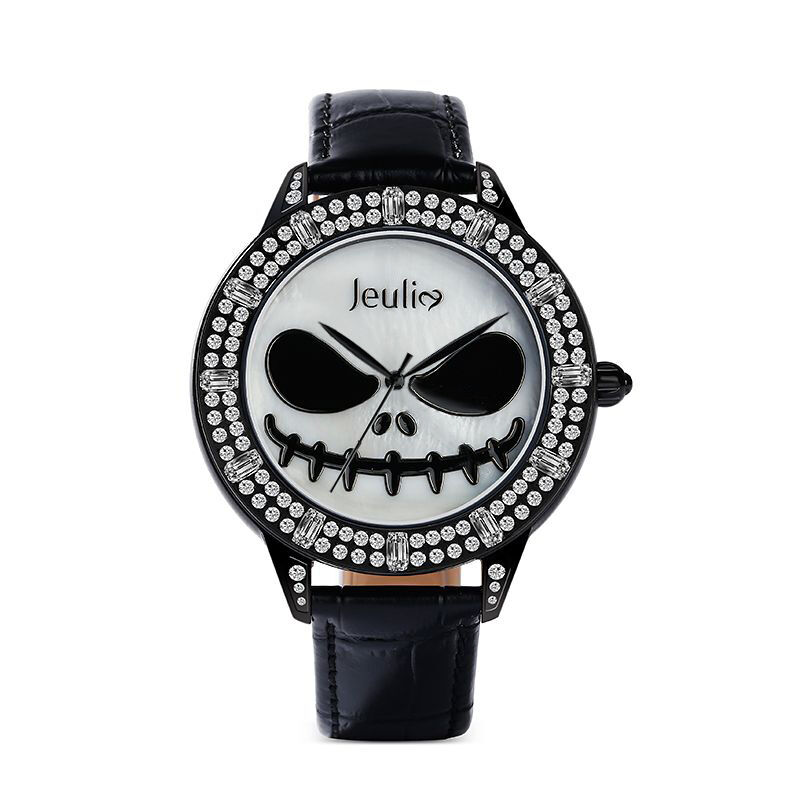 جوليا ساعة يد جمجمة كوارتز جلدية لون سوداء النسائية مع قرص اللؤلؤ بأسلوب"سيد الخوف"