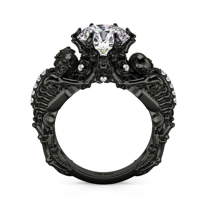 Jeulia Anel Caveira Negro Elegância Gótica Prata Sterling