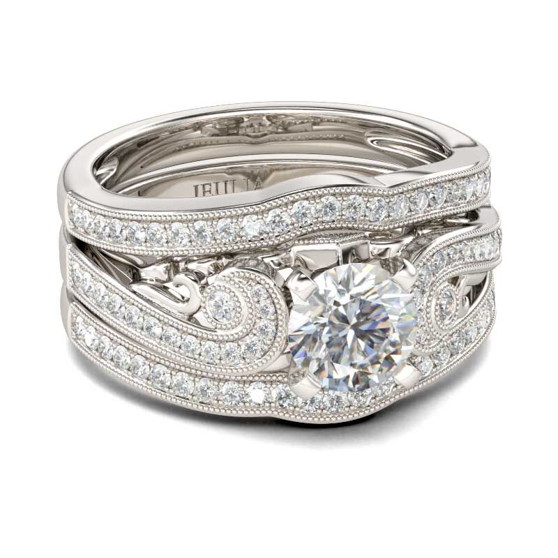 Jeulia Terno De Anillos Milgrain De Talla Redonda En Plata De Ley