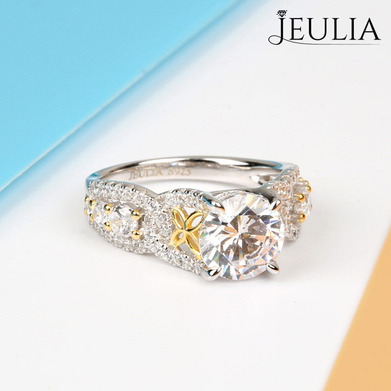 Jeulia Two Tone Floral Round Cut Sterling Silver Ring