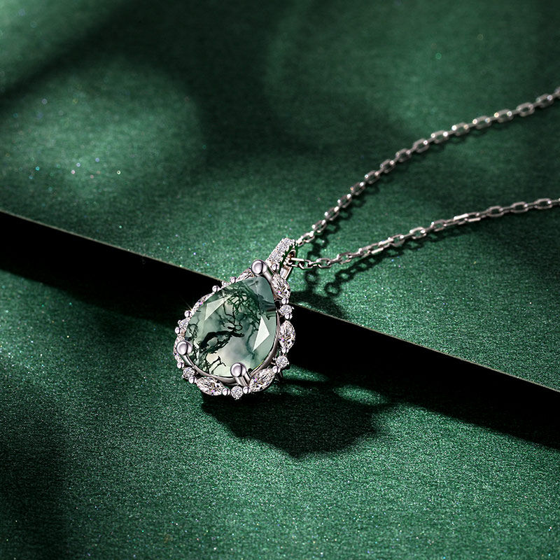 Jeulia Collier Classique en Agate Mousse Coupe Poire en Argent Sterling