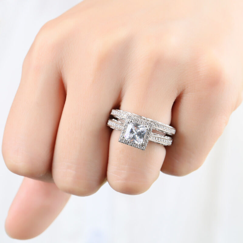 Jeulia Halo Princess Cut Sterling Silver Ring Set