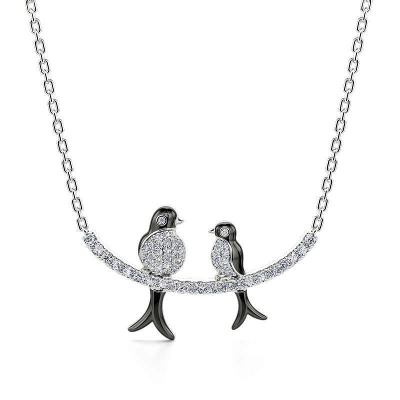 Jeulia Birds on a Branch Mother and Baby Nature Jewelry Sterling Silver Necklace