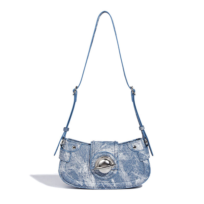 Jeulia Faux Denim Half Moon Bag Vintage Shoulder Bag with Silver Buckle