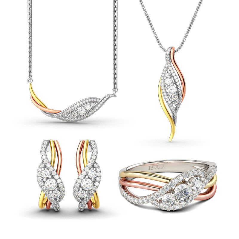 Jeulia Tri-Tone Round Cut Sterling Silver Jewelry Set