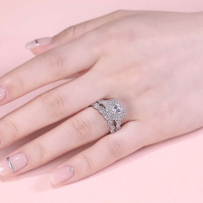 Jeulia Classic Halo Heart Ring Set Sterling Silver