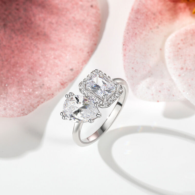 Jeulia Anillo Toi et Moi Dos Piedras Halo Corte Esmeralda y Pera