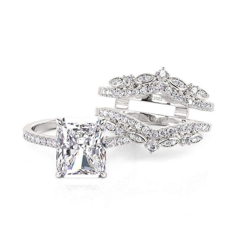 Jeulia Conjunto de Anillos de Eternidad Intercambiables Corte Radiante de Plata de Ley