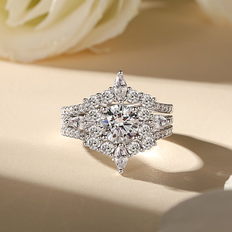 Jeulia Round Cut Three Stone V-Shaped Engagement Ring Set