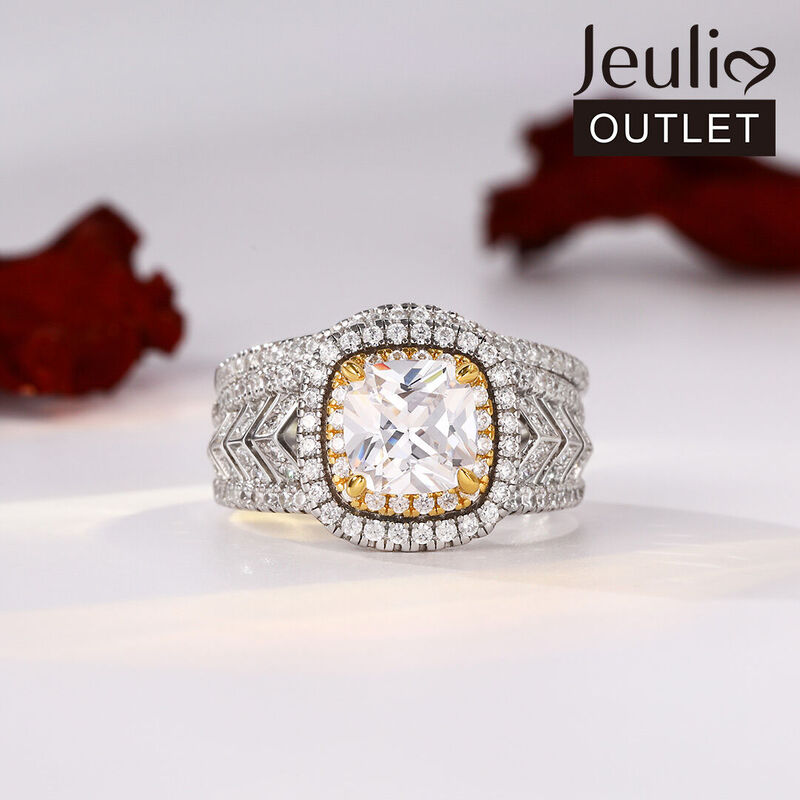 Jeulia Double Halo Cushion Cut Sterling Silver Ring Set