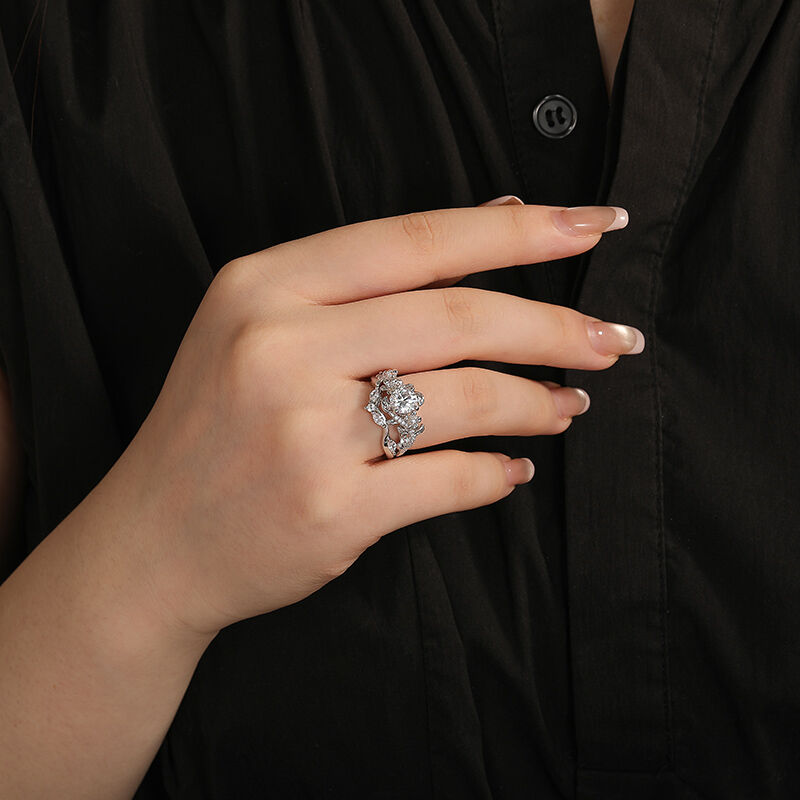 Jeulia Vine Flower Leaf Round Cut Bridal Ring Set 2PCS