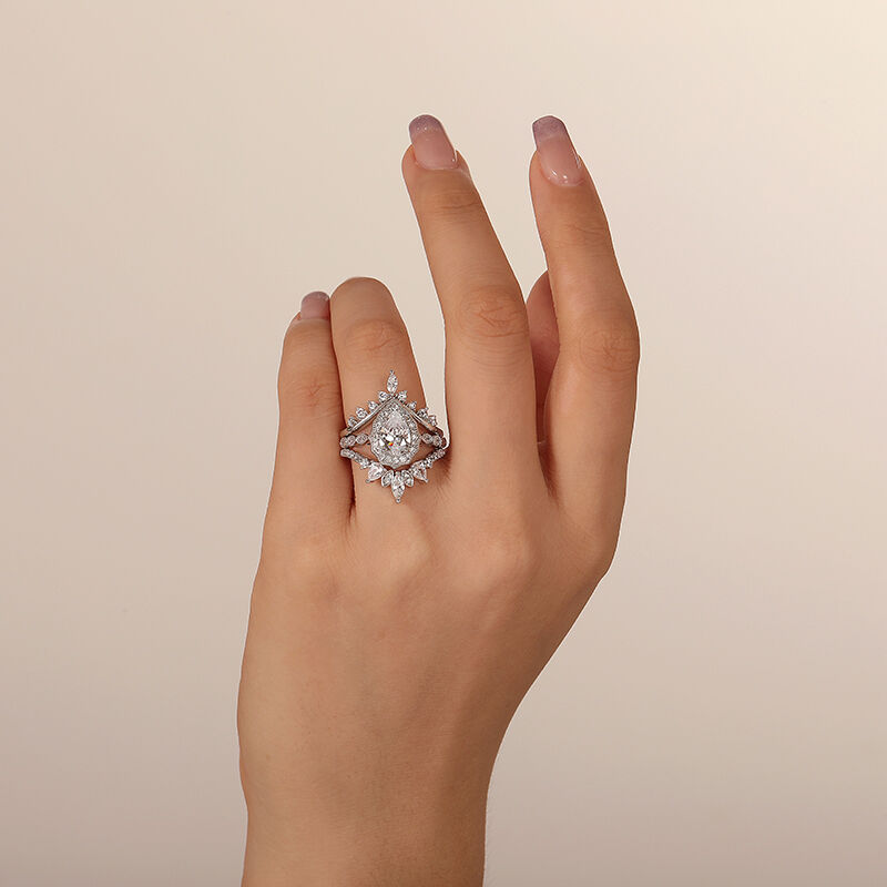 Jeulia Vintage Halo Pear Bridal Set with Enhancer Sterling Silver