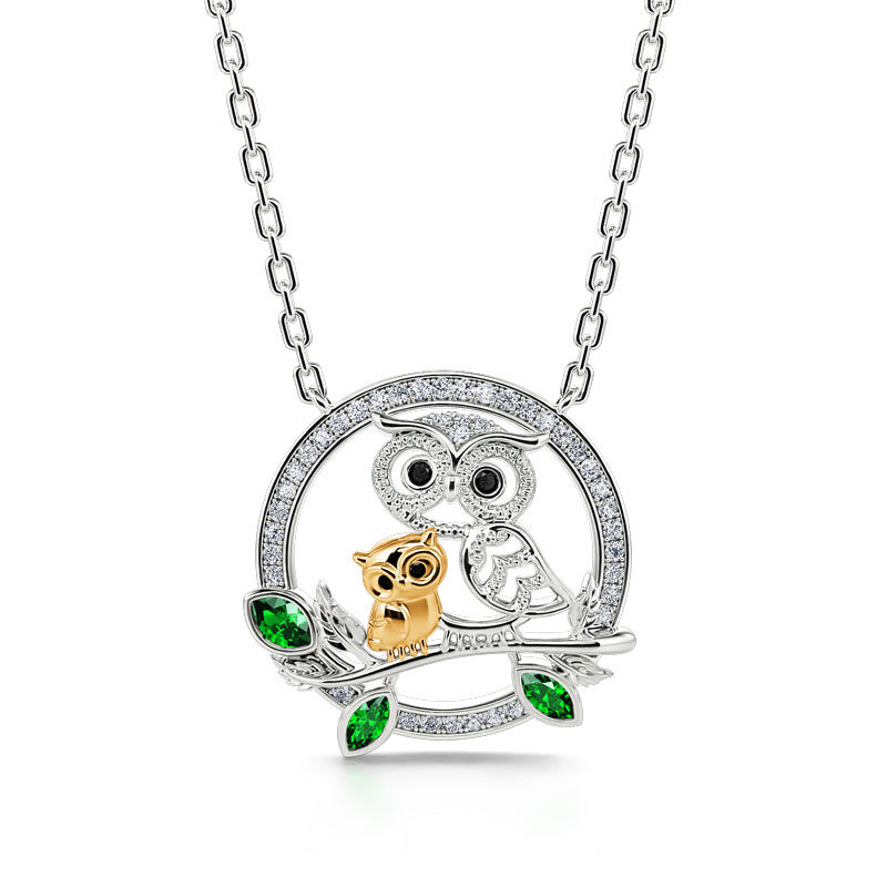 Jeulia "Always by My Side" Mother and Baby Cute Owls Round Sterling Silver Necklace