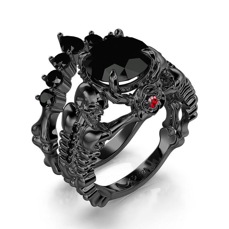 Jeulia Ruby Rose Black Skull Wedding Ring Set Sterling Silver