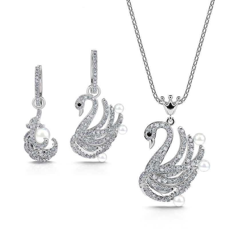 Jeulia "Be My Queen" Swan Cultured Pearl Sterling Silver Jewelry Set