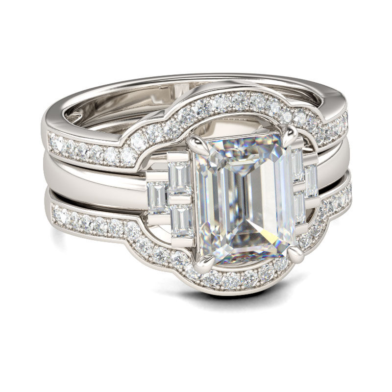 Jeulia Terno De Anillos De Talla Esmeralda En Plata De Ley