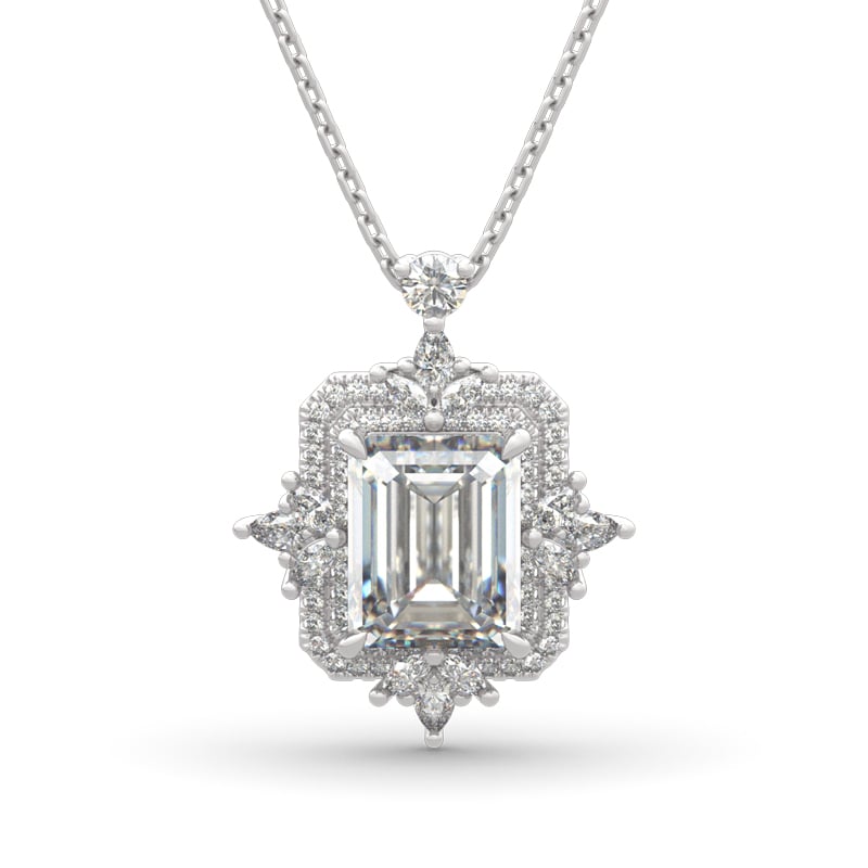 Jeulia Vintage Leaf Halo Emerald Cut Sterling Silver Necklace