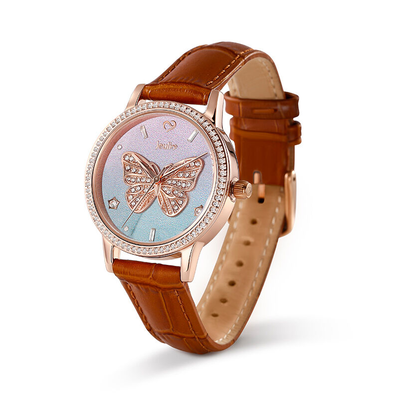 جوليا "حلم قوس قزح" ساعة يد متدرجة بتصميم فراشة كوارتز من الجلد البني