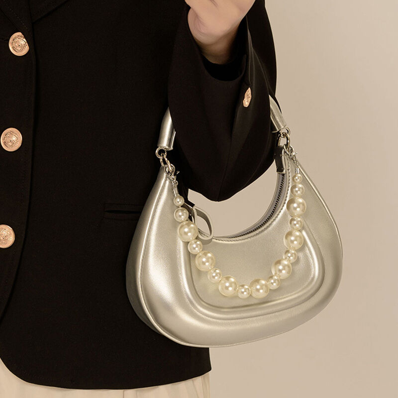 Jeulia Pearl Decor Chain Hobo Bag Top Handle Bag Mini Crescent Bag